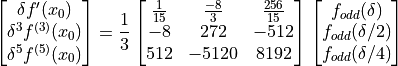 \begin{bmatrix}
\delta f'(x_0) \\
\delta^3 f^{(3)}(x_0) \\
\delta^5 f^{(5)}(x_0)
\end{bmatrix} = \frac{1}{3}
\begin{bmatrix}
\frac{1}{15} & \frac{-8}{3} & \frac{256}{15} \\
-8 & 272 & -512 \\
512 & -5120 & 8192
\end{bmatrix}
\begin{bmatrix}
f_{odd}(\delta) \\
f_{odd}(\delta/2) \\
f_{odd}(\delta/4)
\end{bmatrix}
