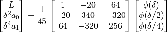 \begin{bmatrix}
L \\
\delta^2 a_0 \\
\delta^4 a_1
\end{bmatrix} = \frac{1}{45}
\begin{bmatrix}
1 & -20 & 64 \\
-20 & 340 & -320 \\
64 & -320 & 256
\end{bmatrix}
\begin{bmatrix}
\phi(\delta) \\
\phi(\delta/2) \\
\phi(\delta/4)
\end{bmatrix}
